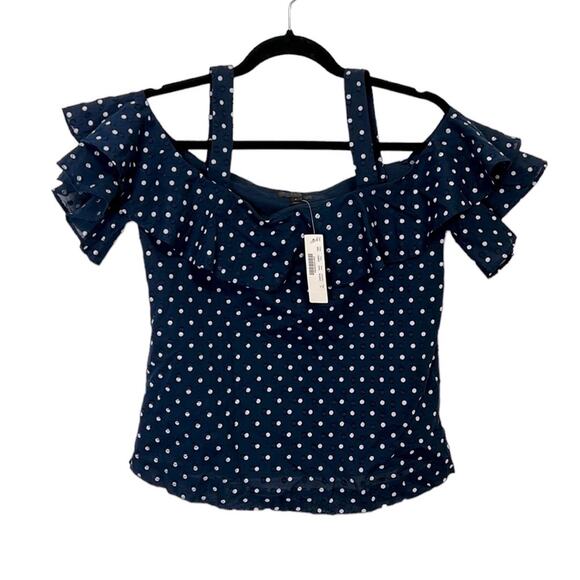 J. Crew Navy & White Polka Dot Ruffle Off The Shoulder Blouse Women’s Size 2 - Picture 2 of 5